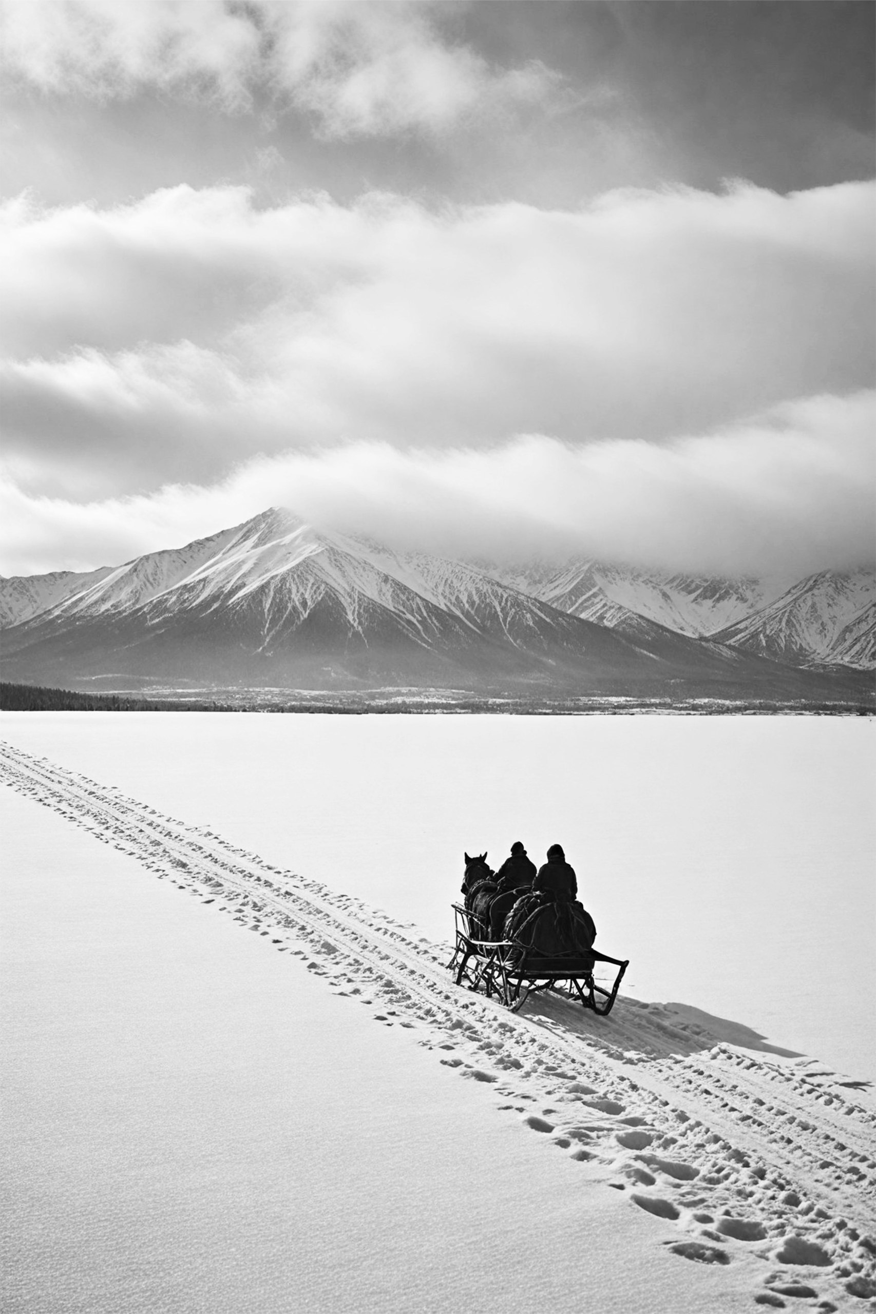 Bonaque — Journey Through the Winter Silence, eine Schwarz-Weiß-Fotografie eines Pferdeschlittens im Schnee, ein signierter Druck für 65 € als Weihnachtsgeschenk für Kunden oder Team