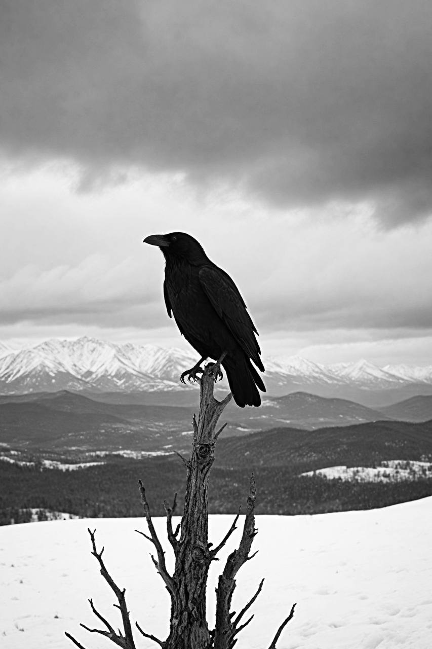 Bonaque — The Watchful Raven, ein fotografischer Schwarz-Weiß-Kunstdruck, der in der Auktion angeboten wird