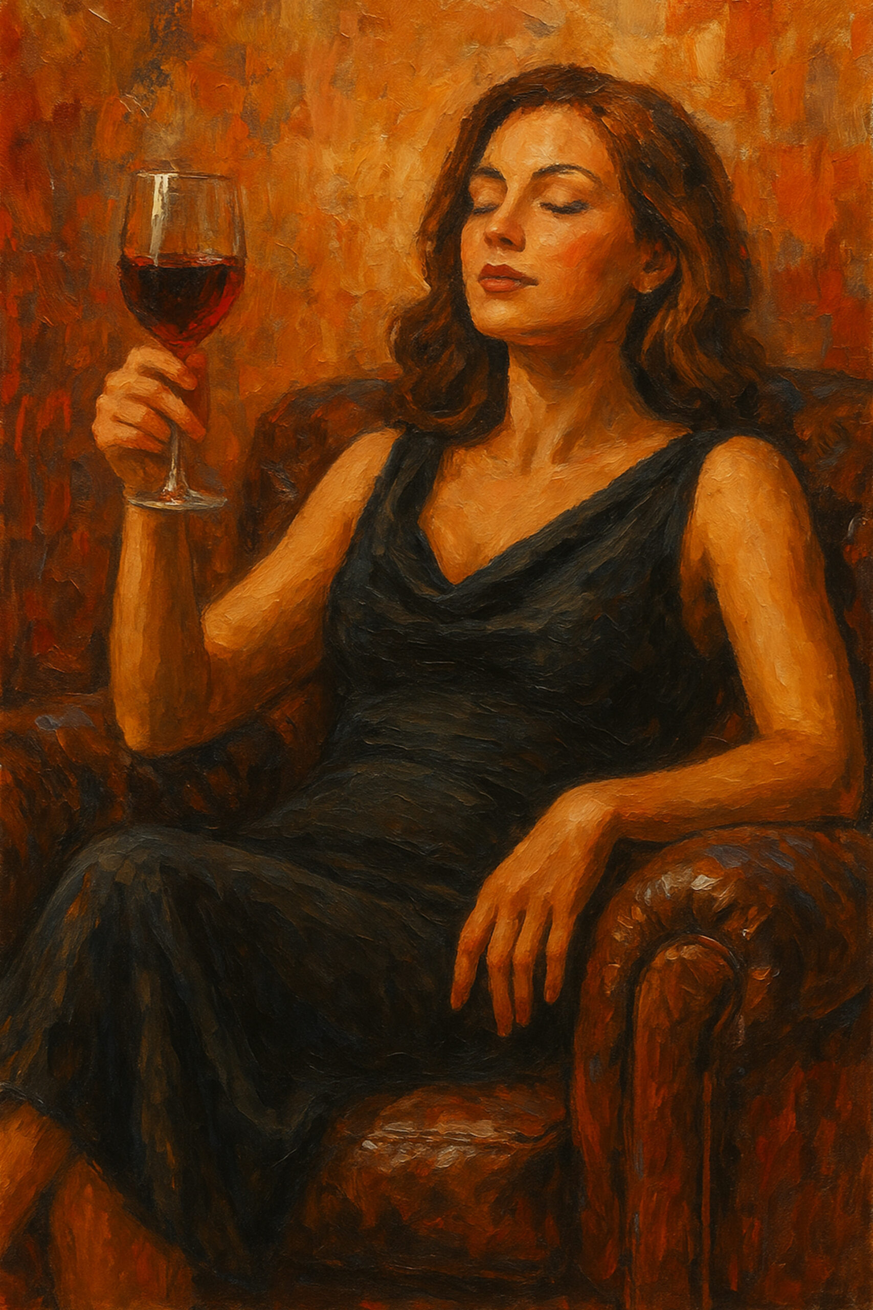 Elena Aureli — A Toast to Solitude, eine Frau im Ledersessel mit einem Glas Rotwein in warmen Tönen, ein gemütliches Wandbild