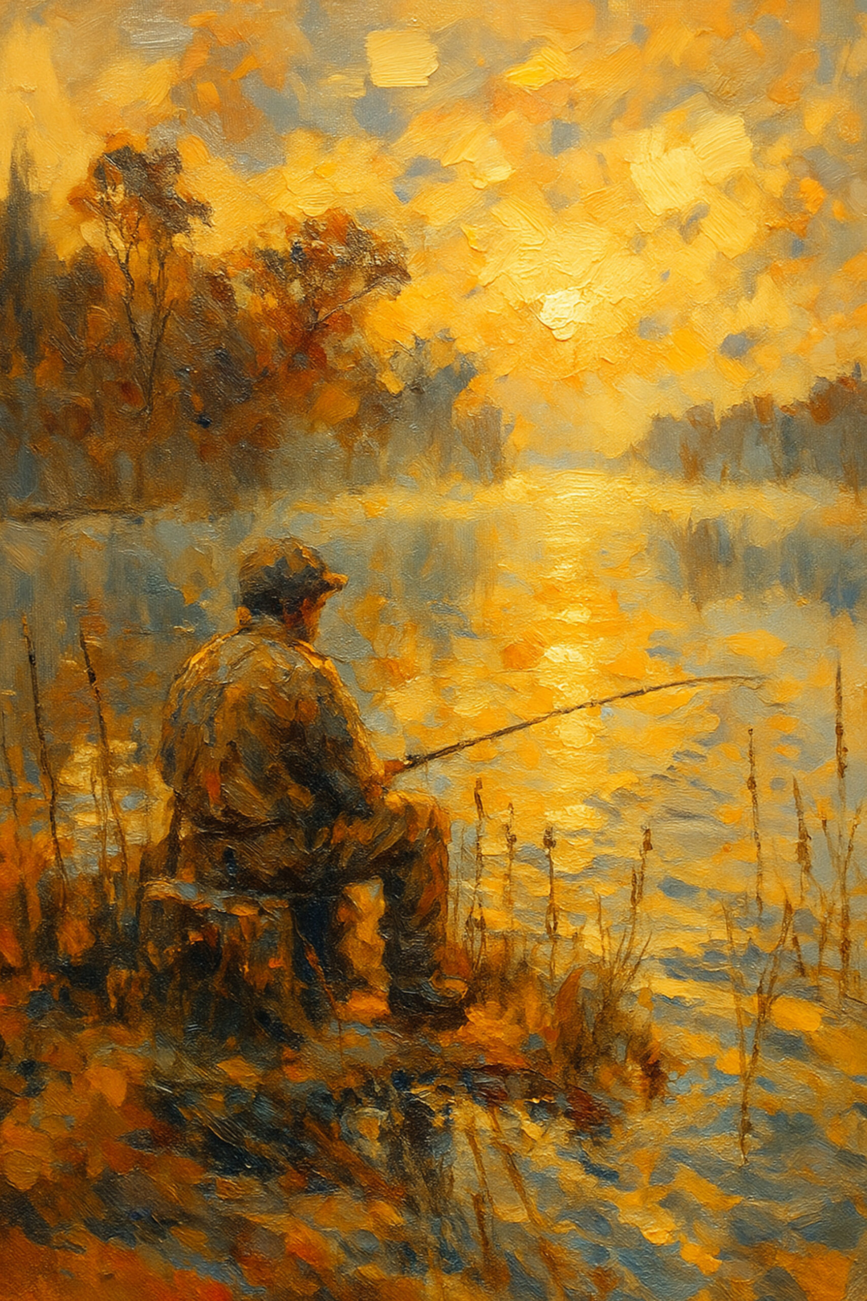 Henri des Bois — Golden Tranquility, ein Angler am See bei Sonnenuntergang in Gold und Bernstein, ein signierter Kunstdruck, der ein Wohnzimmer im Winter wärmt