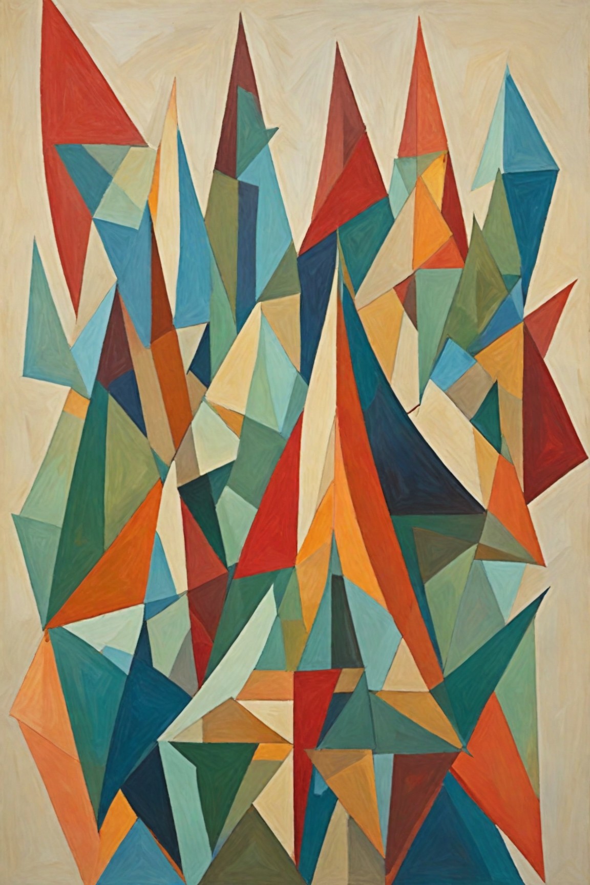 Litvin — Echoes of the Peaks, ein farbenfroher geometrisch-abstrakter Kunstdruck, passend für einen Pausenbereich im Büro