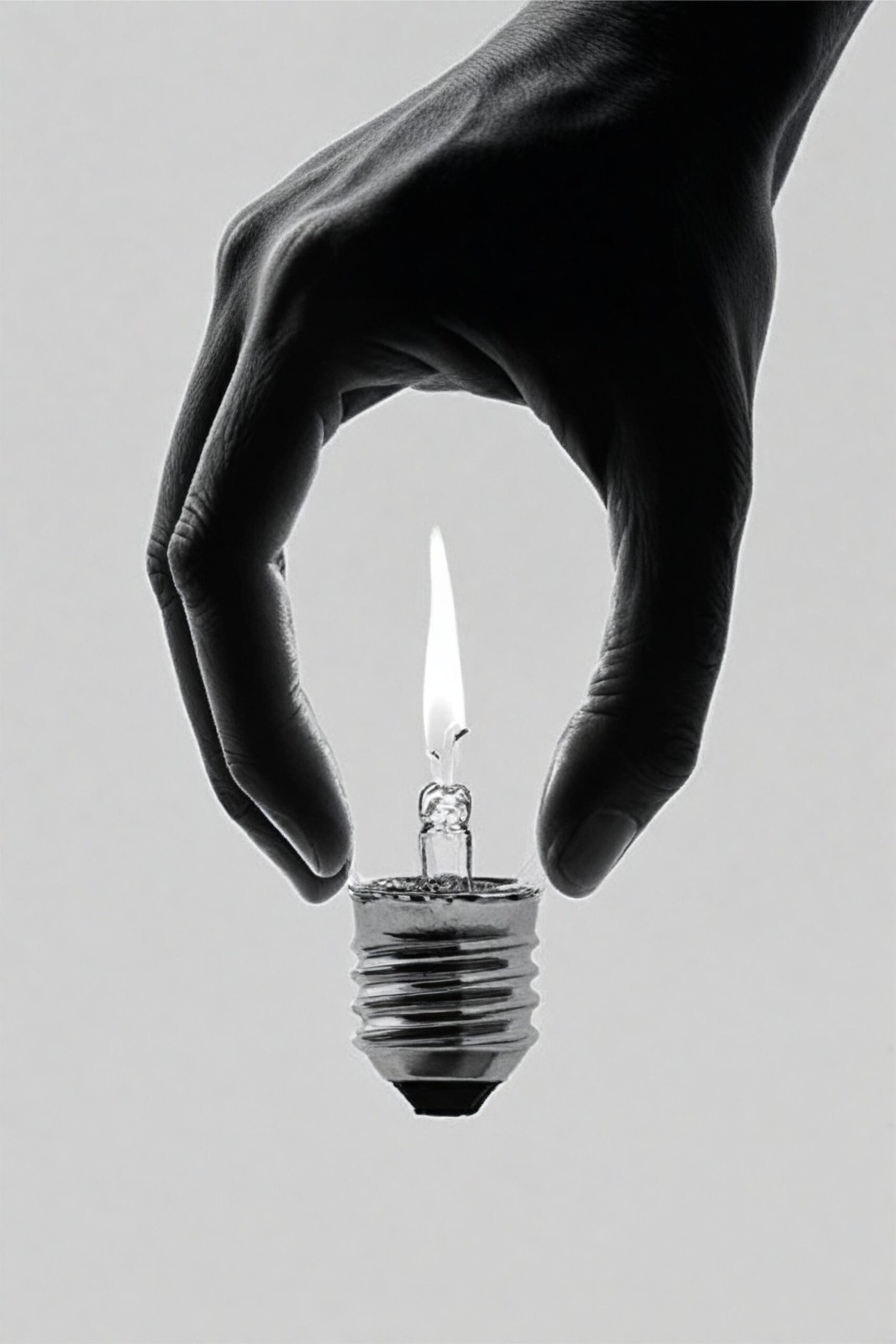 Moroz — Igniting Ideas, eine Schwarz-Weiß-Fotografie einer Hand, die eine Glühbirne mit einer Flamme darin hält, ein signierter Druck für 95 € als Geschenk für Kunden