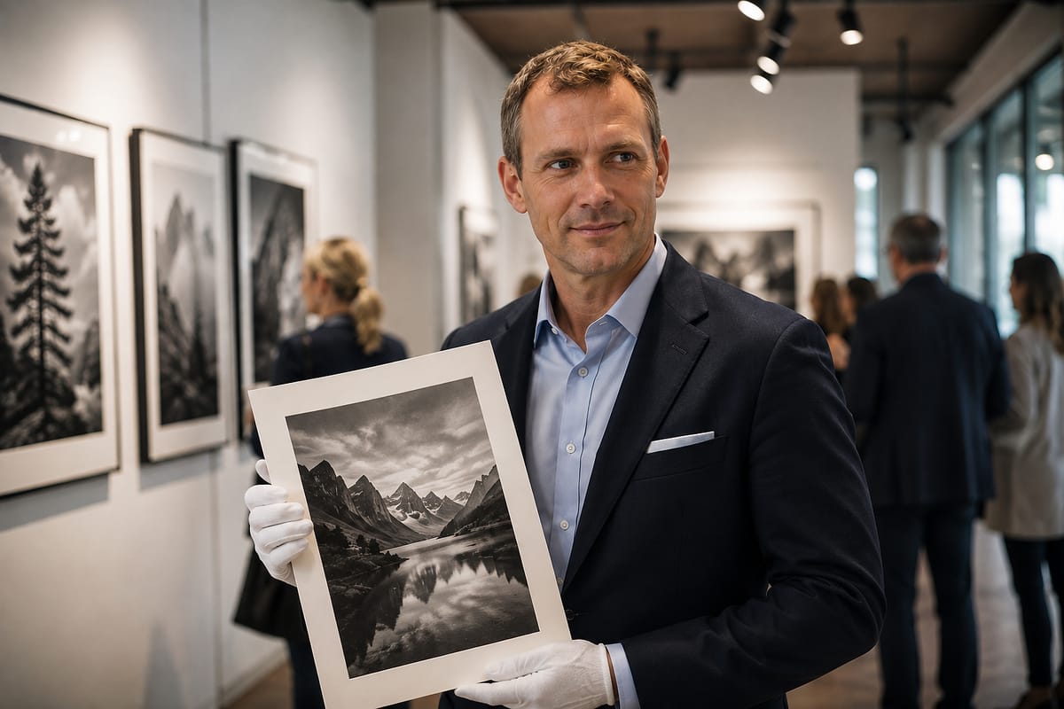 Alexander van der Meer hält einen signierten Druck in Baumwollhandschuhen.